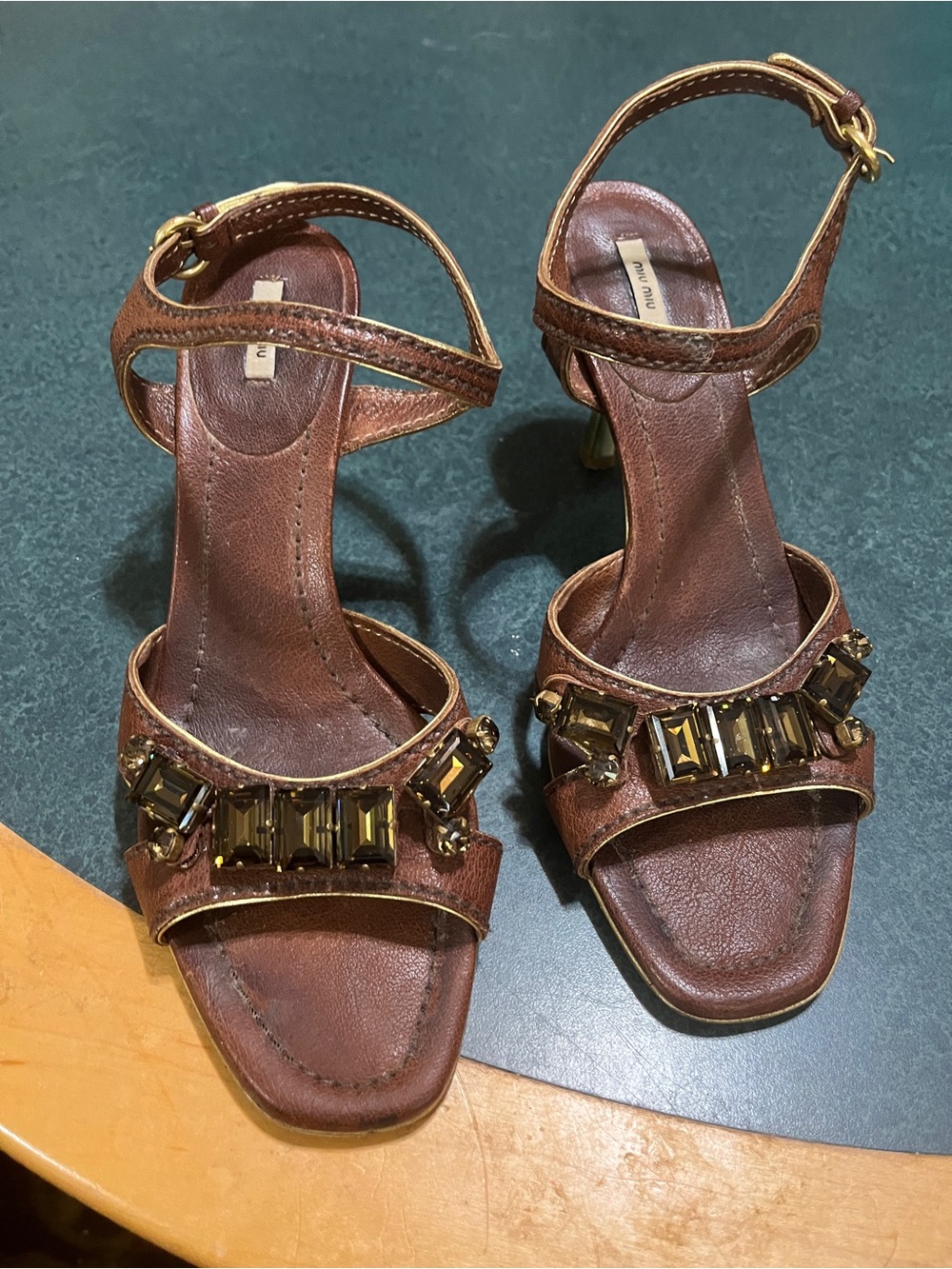 Miu Miu Brown Leather Jeweled Ankle-Strap Heels 38